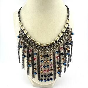 Crystal Fringe Festival Bronze Tone Gold Tone Blue Red Black Copper 21” Necklace